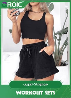 GROIC 2 Pieces Workout Sets for Women, Lounge Sets Sleeveless Crop Top and Shorts with Pockets Tracksuits Ribbed Knit, High Waist Shorts Yoga Outfits Two Piece Yoga Running Gym Workout Outfits  - Image 5