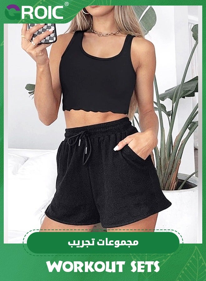 GROIC 2 Pieces Workout Sets for Women, Lounge Sets Sleeveless Crop Top and Shorts with Pockets Tracksuits Ribbed Knit, High Waist Shorts Yoga Outfits Two Piece Yoga Running Gym Workout Outfits  - Image 5