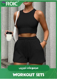 GROIC 2 Pieces Workout Sets for Women, Lounge Sets Sleeveless Crop Top and Shorts with Pockets Tracksuits Ribbed Knit, High Waist Shorts Yoga Outfits Two Piece Yoga Running Gym Workout Outfits  - Image 2