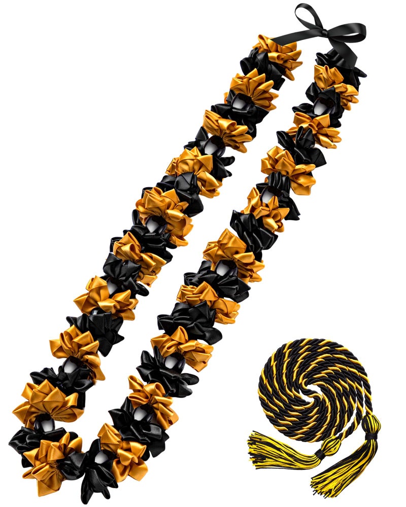 Cindeer Graduation Leis Class of 2026 Graduation Ribbon Leis with Kukui Nut Beads and Honor Cord Hawaiian Kukui Nut Beads Necklace for Party Student Gift SuppliesBlack and Gold - Image 2