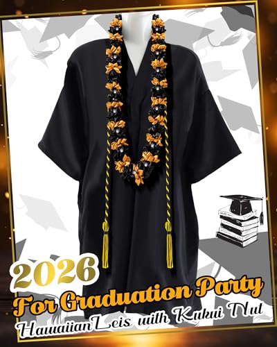 Cindeer Graduation Leis Class of 2026 Graduation Ribbon Leis with Kukui Nut Beads and Honor Cord Hawaiian Kukui Nut Beads Necklace for Party Student Gift SuppliesBlack and Gold - Image 3