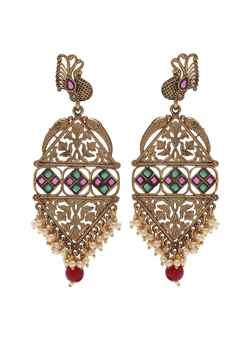Priyaasi Stones Studded  Beaded Peacock Drop Earrings