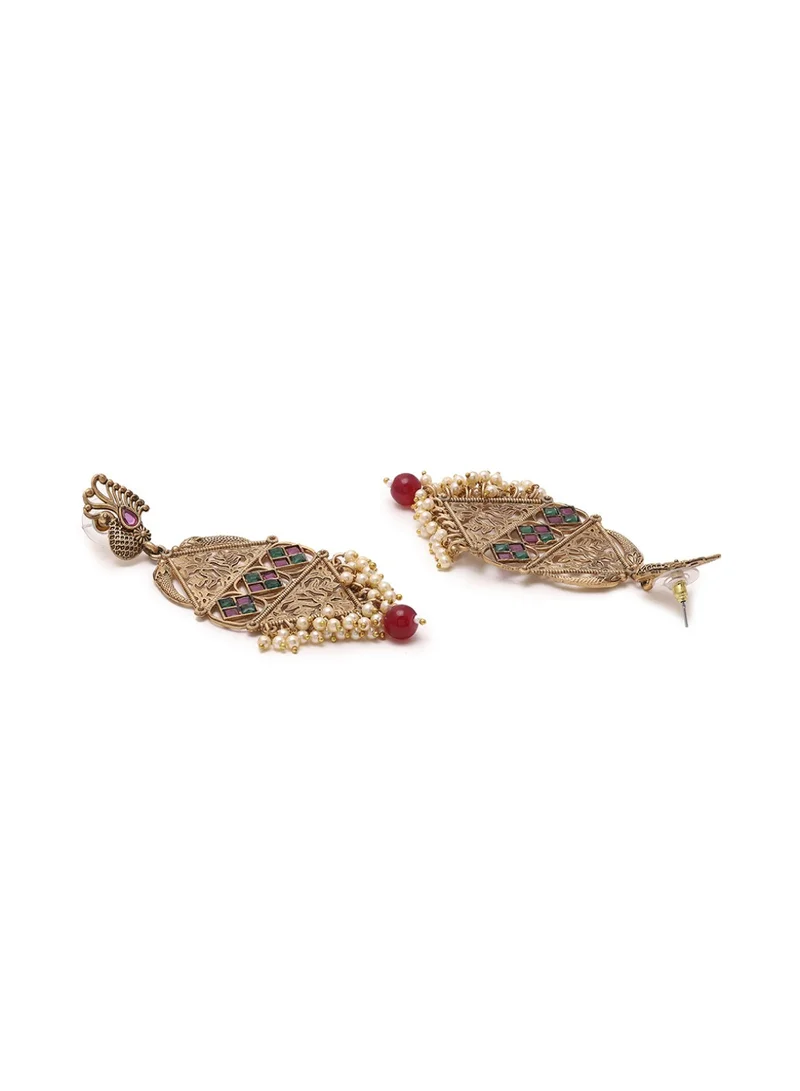 Priyaasi Stones Studded  Beaded Peacock Drop Earrings