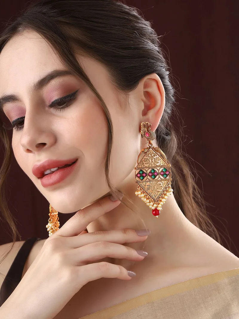 Priyaasi Stones Studded  Beaded Peacock Drop Earrings