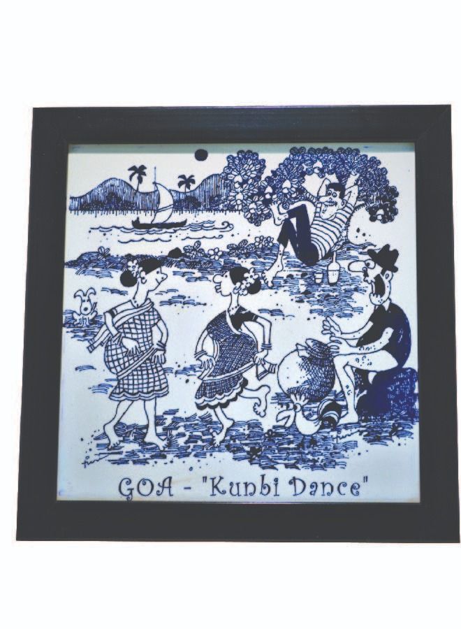GOA2GULF Goa2Gulf Azulejos Hand Painted Baked Tile Black&White Frame - Kunbi Dance 17 x 17 cm 