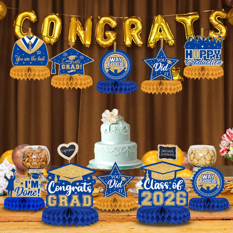 PERFQU 8 Pieces Class of 2026 Graduation Table Decorations - 2026 Congrats Grad Honeycomb Centerpieces, Graduation Table Toppers Decor for 2026 Graduation Party Decorations Favor Supplies, Blue and Gold - Image 2