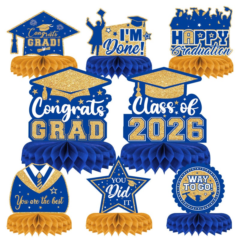 PERFQU 8 Pieces Class of 2026 Graduation Table Decorations - 2026 Congrats Grad Honeycomb Centerpieces, Graduation Table Toppers Decor for 2026 Graduation Party Decorations Favor Supplies, Blue and Gold - Image 1