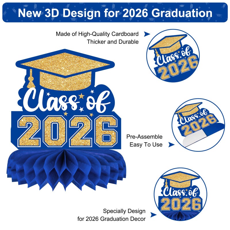 PERFQU 8 Pieces Class of 2026 Graduation Table Decorations - 2026 Congrats Grad Honeycomb Centerpieces, Graduation Table Toppers Decor for 2026 Graduation Party Decorations Favor Supplies, Blue and Gold - Image 4