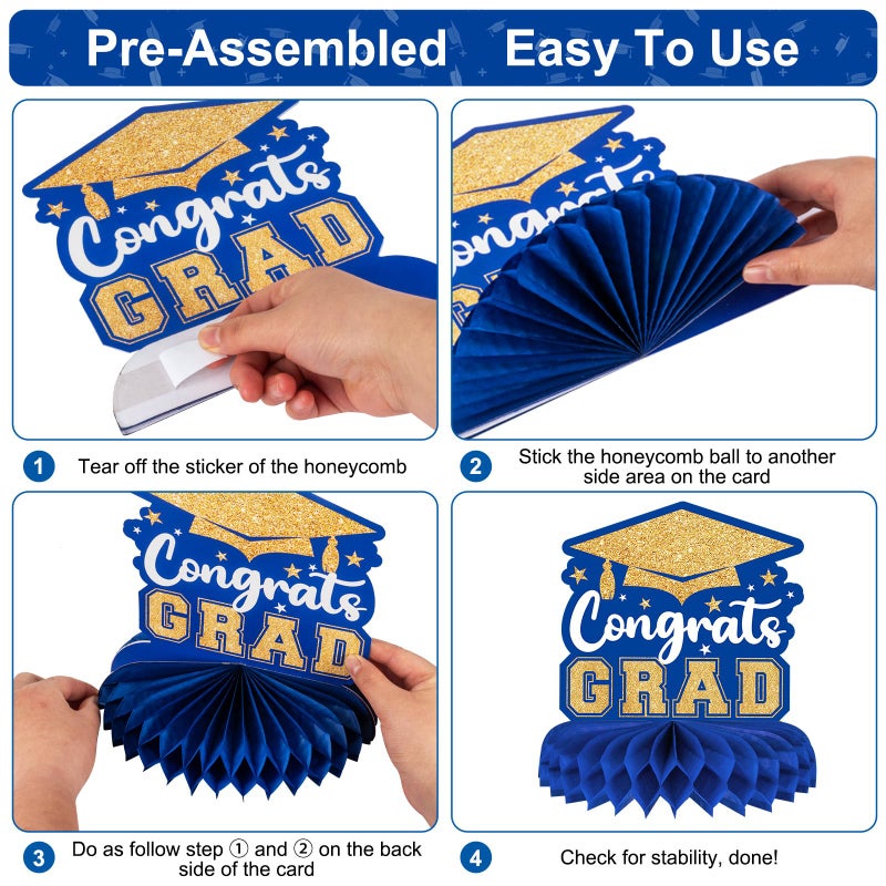 PERFQU 8 Pieces Class of 2026 Graduation Table Decorations - 2026 Congrats Grad Honeycomb Centerpieces, Graduation Table Toppers Decor for 2026 Graduation Party Decorations Favor Supplies, Blue and Gold - Image 5