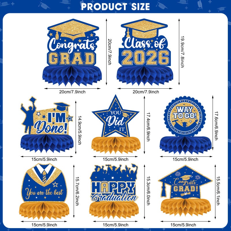 PERFQU 8 Pieces Class of 2026 Graduation Table Decorations - 2026 Congrats Grad Honeycomb Centerpieces, Graduation Table Toppers Decor for 2026 Graduation Party Decorations Favor Supplies, Blue and Gold - Image 3