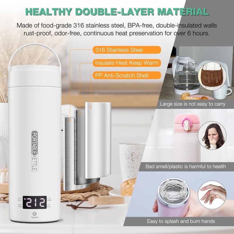 Hulami Travel Electric Kettle - 316 Stainless Steel Portable Tea Coffee Kettle Water Boiler, Water Heater with 4 Temperature Control, Auto Shut-Off & Boil Dry Protection, 500ML Camping Kettle (White) - Image 5