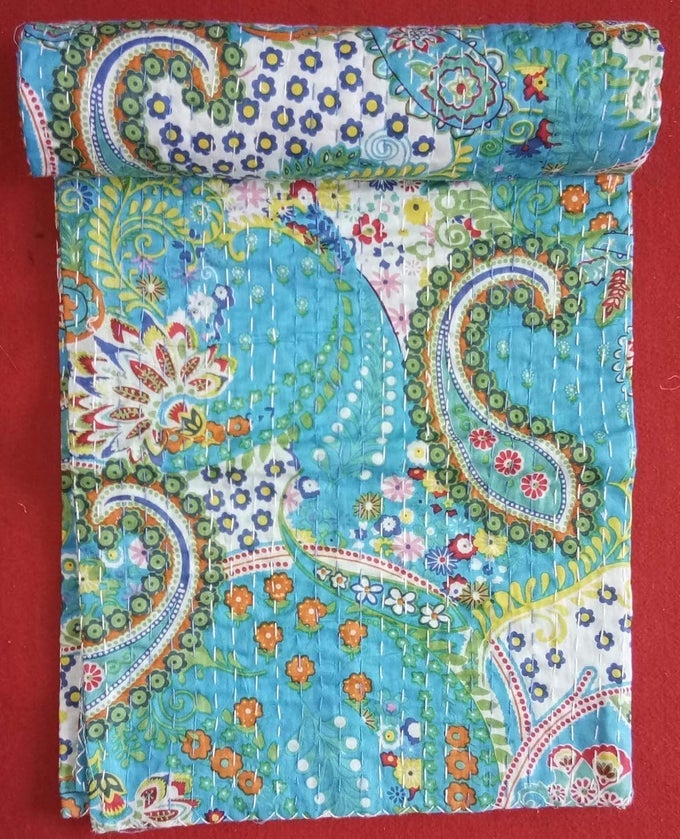 CREATIONS CREATIONS TRADITIONAL ETHNIC KANTHA INDIAN BEDDING EMERALD COTTON TROPICAL FRUIT HAND STITCHED BEDDING BED COVER BY CREATIONS CREATIONS90X108 INCH