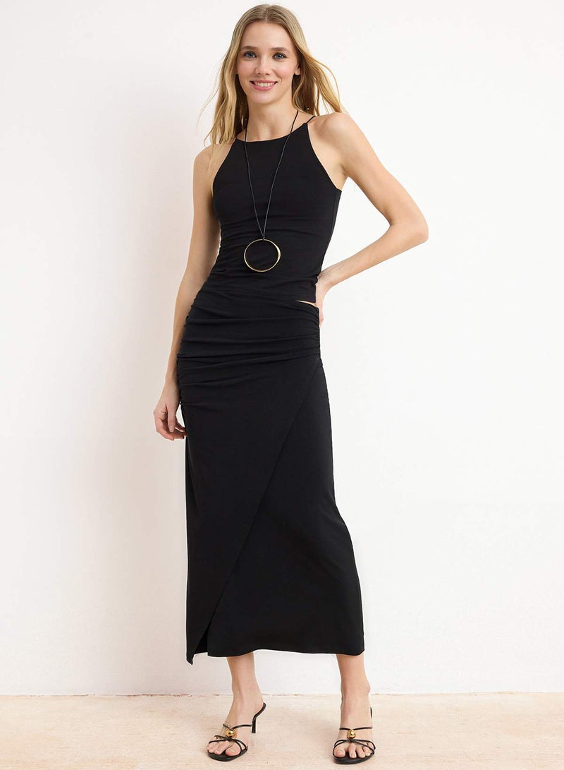 trendyol Black Gathered Drape Detail Maxi Wrap Stretch Skirt Twoaw25Et00096 - Image 1