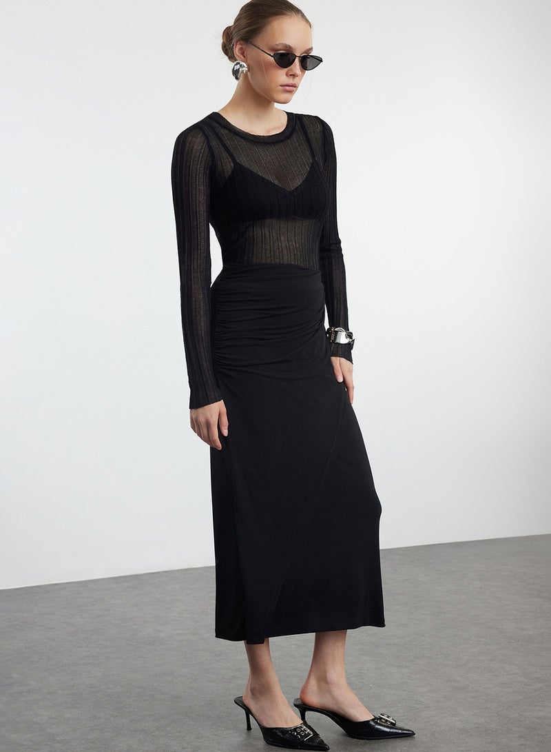 trendyol Black Gathered Drape Detail Maxi Wrap Stretch Skirt Twoaw25Et00096 - Image 4