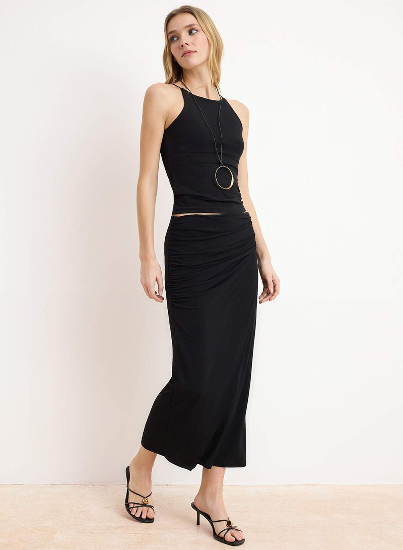 trendyol Black Gathered Drape Detail Maxi Wrap Stretch Skirt Twoaw25Et00096 - Image 2
