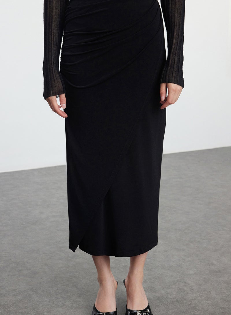 trendyol Black Gathered Drape Detail Maxi Wrap Stretch Skirt Twoaw25Et00096 - Image 5