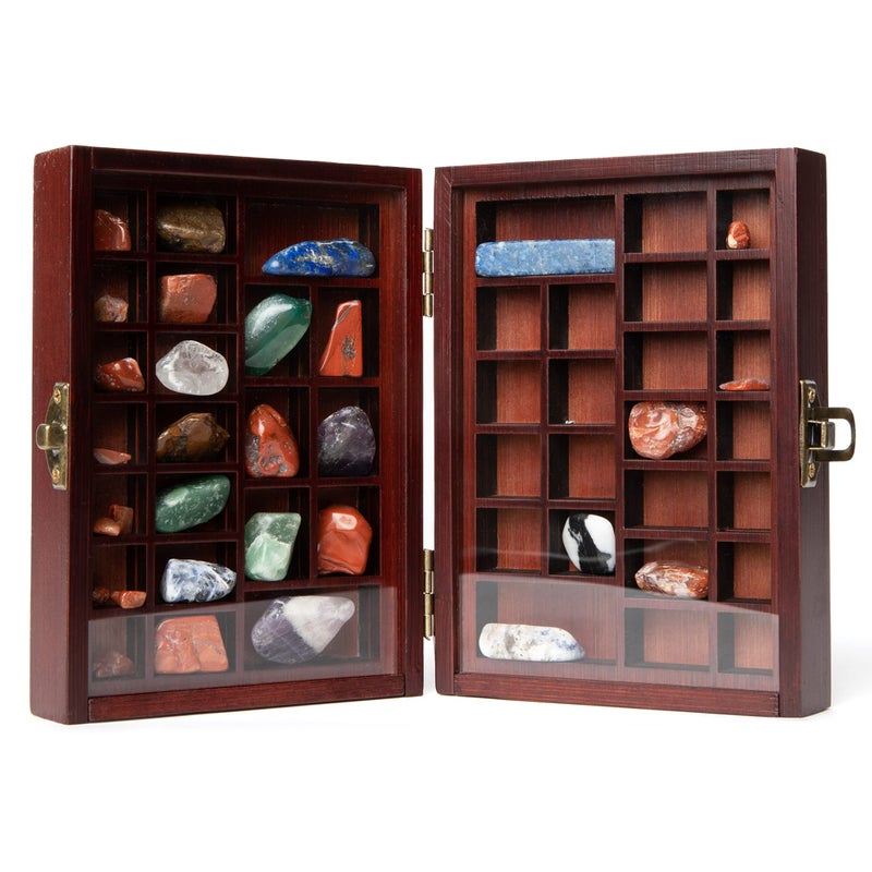 SmartyRocks Small Portable Rock Display Case HandSized 48Slotted Shadow Box for Gemstones or Beads BambooWood Collection Case with Plexiglass for Kids