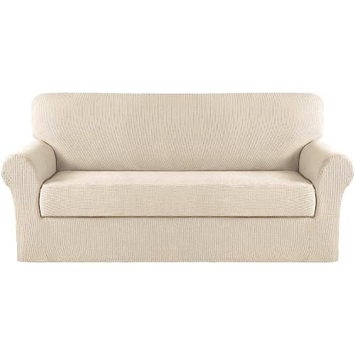 Turquoize Sofa Covers Washable 2 Piece Sofa Covers for 3 Cushion Couch Sofa Slipcovers Stretch Couch Covers Slip Covers with Elastic Bottom Feature Thick Jacquard Fabric (Sofa, Biscotti Beige) - Image 1