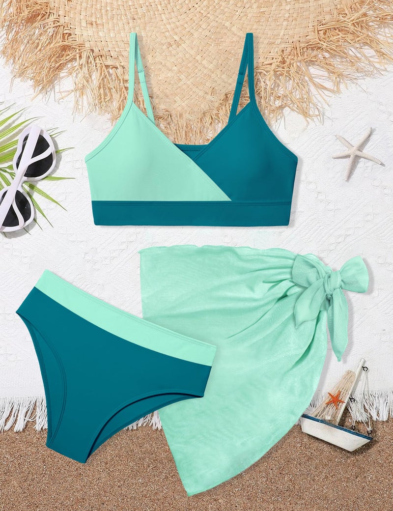 ADIFUN Girls Swimsuits Size 10-12 V Neck Adjustable Straps Green Color Block Bikini Set with Cover Up Skirts 3 Piece Teen Girl Bathing Suits Size 10-12 - Image 5