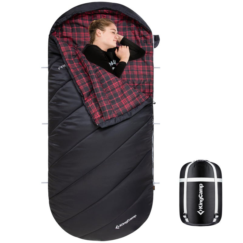 KingCamp Camping Sleeping Bag XL with Hood Extra Tall Big Wide Cotton Flannel Lined Portable Packable Sleeping Bags for Cold Warm Weather Backpacking Hiking Travel Outdoors BlackLarge