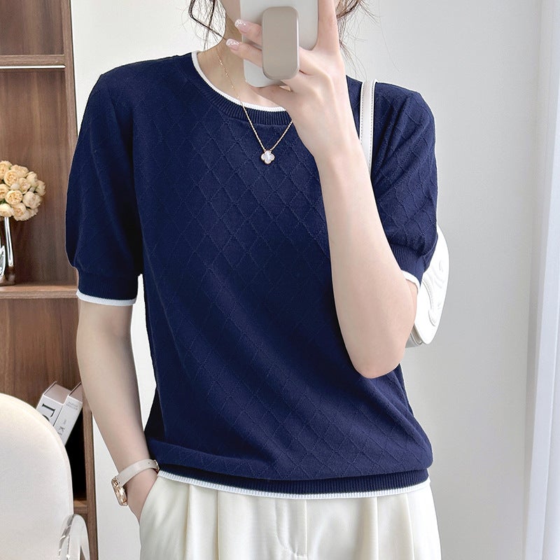 2024 Summer New Fashion Hollow Cotton Knitted Solid Color Short-sleeved T-shirt Women's Contrast Color Round Neck Loose Half-sleeved Women - Image 2
