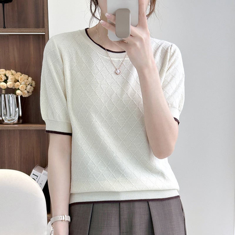 2024 Summer New Fashion Hollow Cotton Knitted Solid Color Short-sleeved T-shirt Women's Contrast Color Round Neck Loose Half-sleeved Women - Image 3