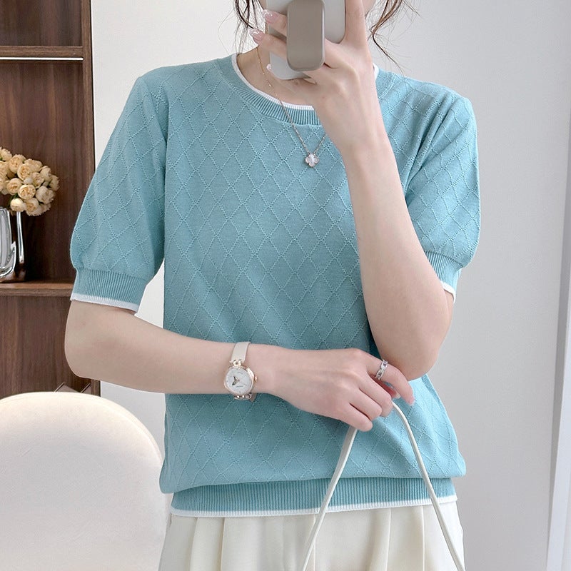 2024 Summer New Fashion Hollow Cotton Knitted Solid Color Short-sleeved T-shirt Women's Contrast Color Round Neck Loose Half-sleeved Women - Image 1