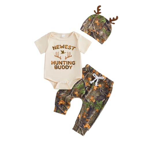 GOOCHEER Newborn Baby Boy Clothes Hunting Short Sleeve Romper Shirt Tops Pants Spring Summer Outfits Hat Set (Beige, 3-6 Months) - Image 1