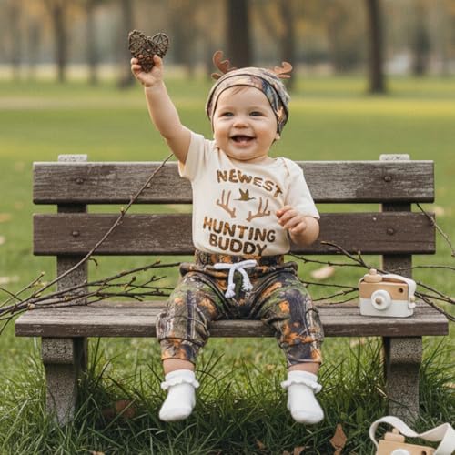 GOOCHEER Newborn Baby Boy Clothes Hunting Short Sleeve Romper Shirt Tops Pants Spring Summer Outfits Hat Set (Beige, 3-6 Months) - Image 2