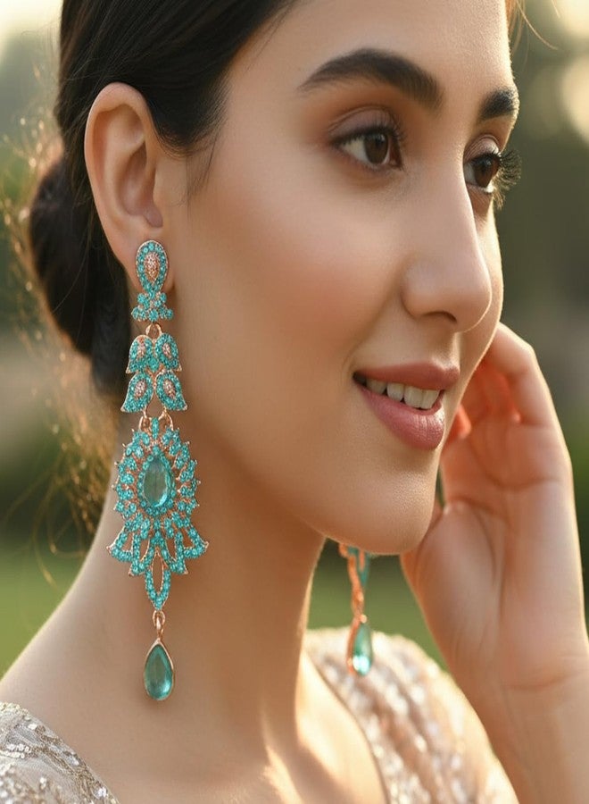 تتش ستون أقراط متدلية طويلة للغاية من مجموعة Touchstone Hollywood Glamour Oscar، مزينة بنقوش بيزلي هندية وأحجار الراين الفيروزية الزرقاء، مجوهرات زفاف مصممة، لون ذهبي عتيق - Image 3