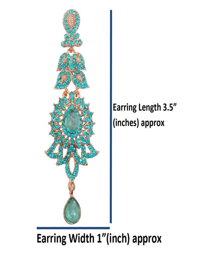 تتش ستون أقراط متدلية طويلة للغاية من مجموعة Touchstone Hollywood Glamour Oscar، مزينة بنقوش بيزلي هندية وأحجار الراين الفيروزية الزرقاء، مجوهرات زفاف مصممة، لون ذهبي عتيق - Image 5