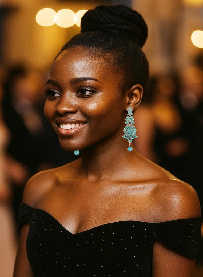 تتش ستون أقراط متدلية طويلة للغاية من مجموعة Touchstone Hollywood Glamour Oscar، مزينة بنقوش بيزلي هندية وأحجار الراين الفيروزية الزرقاء، مجوهرات زفاف مصممة، لون ذهبي عتيق - Image 4