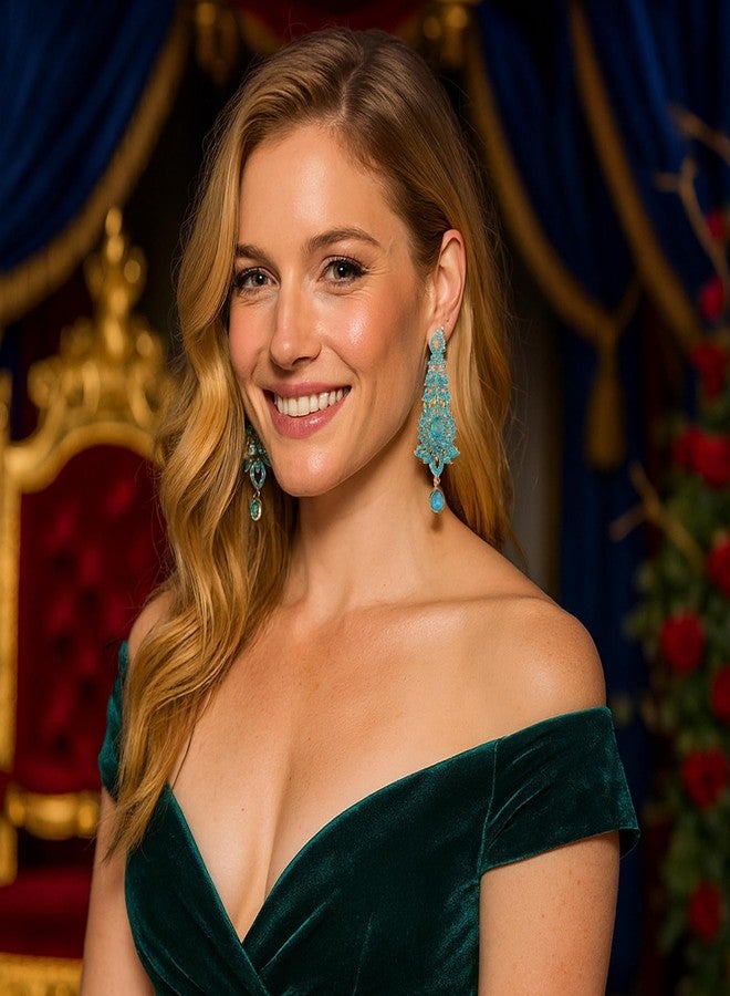 تتش ستون أقراط متدلية طويلة للغاية من مجموعة Touchstone Hollywood Glamour Oscar، مزينة بنقوش بيزلي هندية وأحجار الراين الفيروزية الزرقاء، مجوهرات زفاف مصممة، لون ذهبي عتيق - Image 2