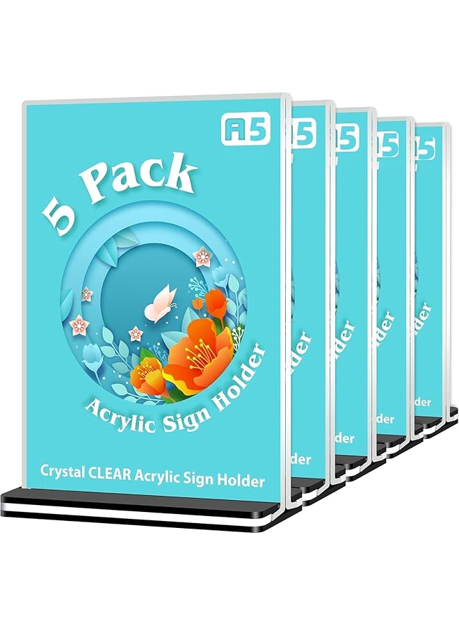erorex 5 Pack Double Sided Acrylic Sign Holder A5 Clear Table Menu Display Stand Desktop Display Stand Paper Holder Table Top Sign Holder Suitable For Restaurants Office Home Store A5 - Image 1