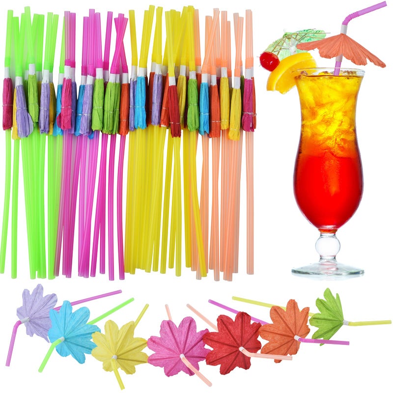 ALINK 50pcs Umbrella Straws  Long Cocktail Drink Umbrellas Fancy Flower Bar Straws  Tropical Summber Beach Luau Tiki Hawaiian Party Straws Decorations - Flower - Image 1