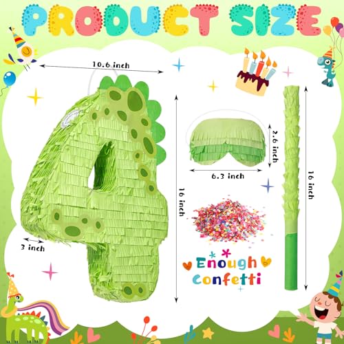 Poen 16 Inch Dinosaur Piata Number 1 2 3 4 5 6 7 8 9 for Kids Birthday Party Cute Dino Piata with Blindfold Stick and Confetti for Boys Girls Dinosaur Birthday Animal Theme Baby Shower Decor4 - Image 5