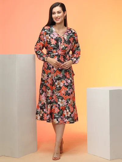 globus Women Black Tropical Printed Puff Sleeves Satin Midi Fit & Flare Dress
