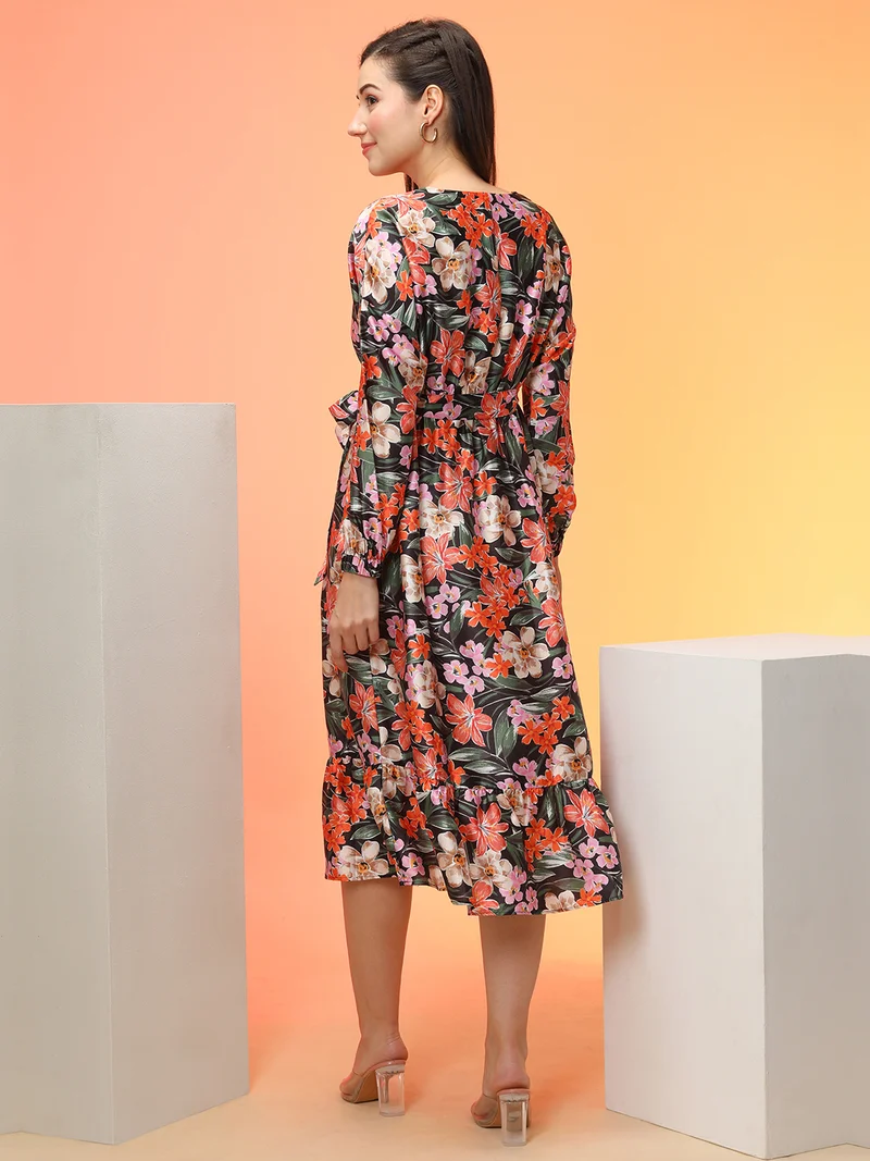 globus Women Black Tropical Printed Puff Sleeves Satin Midi Fit & Flare Dress