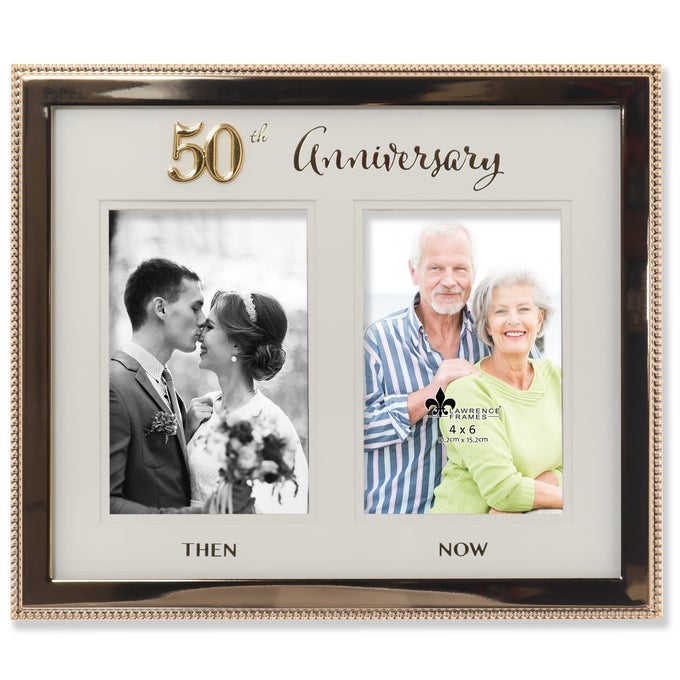 4X6 DOUBLE GOLD BEADED METAL 50TH ANNIVERSARY PICTURE FRAME THEN AND NOW