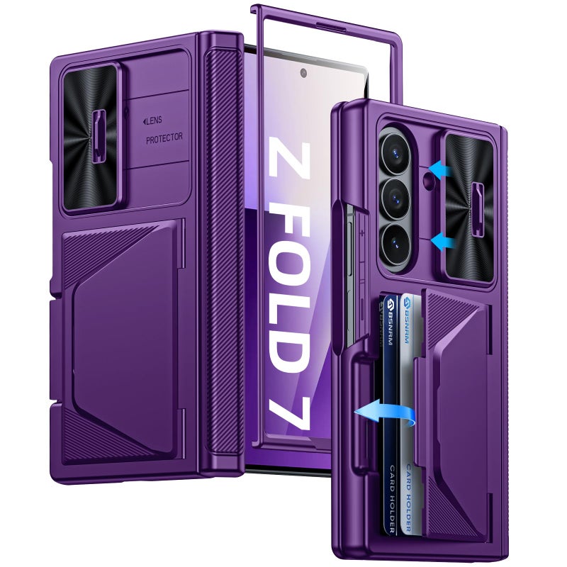 BSNRM for Samsung Galaxy Z Fold 7 Case with Card Holder RFID Blocking, Built in Slide Lens Cover & Hinge Protection & Screen Protector, Shockproof Wallet Case for Z Fold 7 (Purple) - Image 1