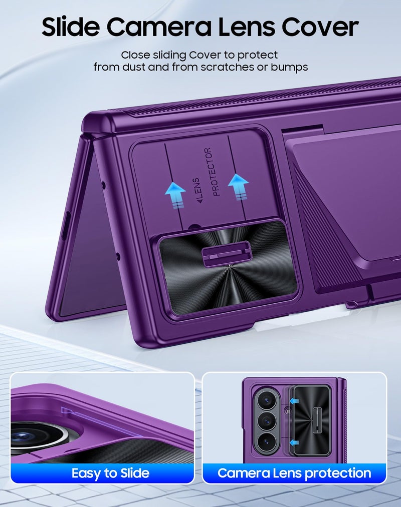 BSNRM for Samsung Galaxy Z Fold 7 Case with Card Holder RFID Blocking, Built in Slide Lens Cover & Hinge Protection & Screen Protector, Shockproof Wallet Case for Z Fold 7 (Purple) - Image 4
