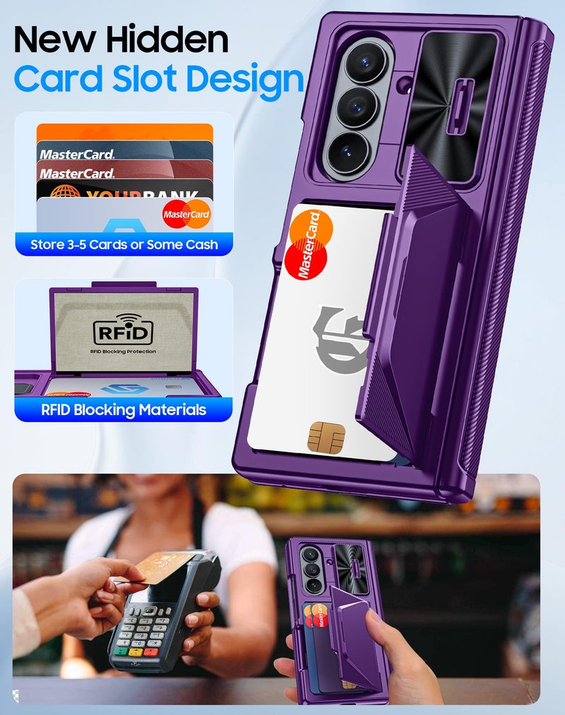 BSNRM for Samsung Galaxy Z Fold 7 Case with Card Holder RFID Blocking, Built in Slide Lens Cover & Hinge Protection & Screen Protector, Shockproof Wallet Case for Z Fold 7 (Purple) - Image 3