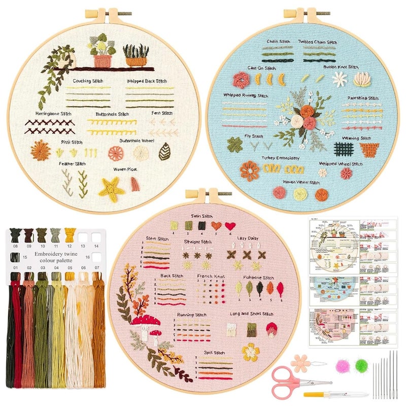 HASTHIP HASTHIP® 3 Sets DIY Embroidery Kit for Beginners Pre-Embroideried Stitch Practice Kit for Beginners Adults, Stitch Practice Kit, Includes Cloth with Pattern, Hoop, Colorful Threads and Scissors  - Image 1