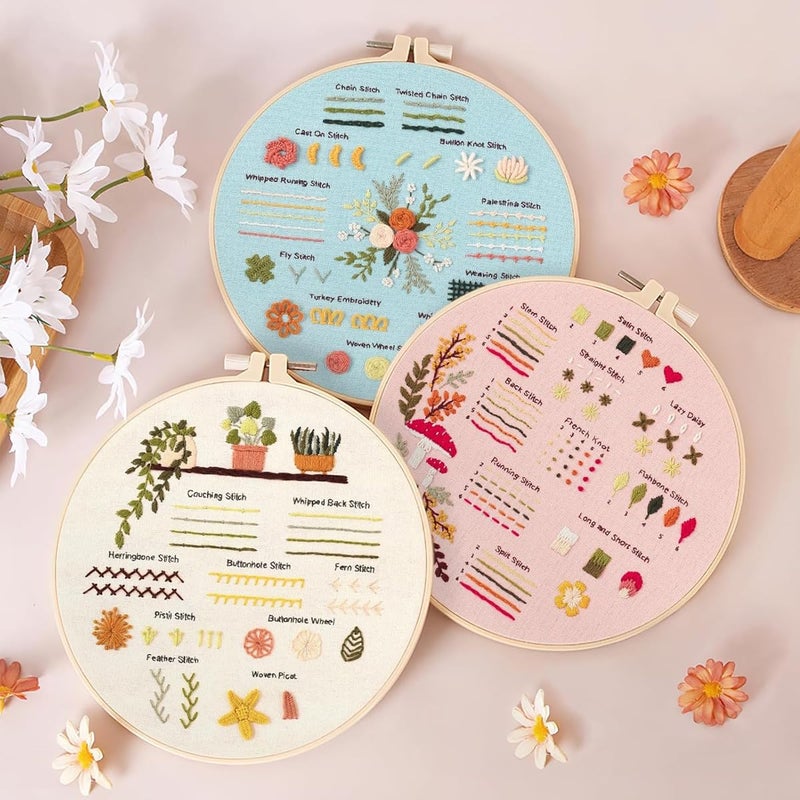 HASTHIP HASTHIP® 3 Sets DIY Embroidery Kit for Beginners Pre-Embroideried Stitch Practice Kit for Beginners Adults, Stitch Practice Kit, Includes Cloth with Pattern, Hoop, Colorful Threads and Scissors  - Image 5