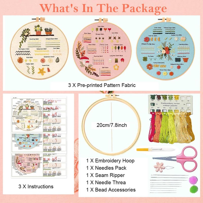 HASTHIP HASTHIP® 3 Sets DIY Embroidery Kit for Beginners Pre-Embroideried Stitch Practice Kit for Beginners Adults, Stitch Practice Kit, Includes Cloth with Pattern, Hoop, Colorful Threads and Scissors  - Image 2