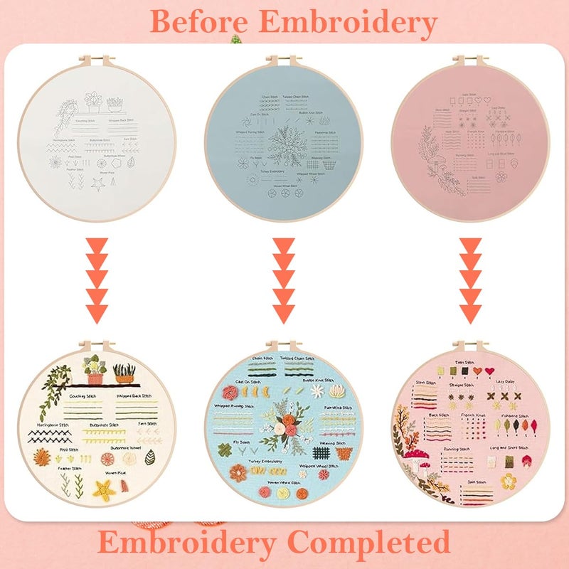 HASTHIP HASTHIP® 3 Sets DIY Embroidery Kit for Beginners Pre-Embroideried Stitch Practice Kit for Beginners Adults, Stitch Practice Kit, Includes Cloth with Pattern, Hoop, Colorful Threads and Scissors  - Image 3