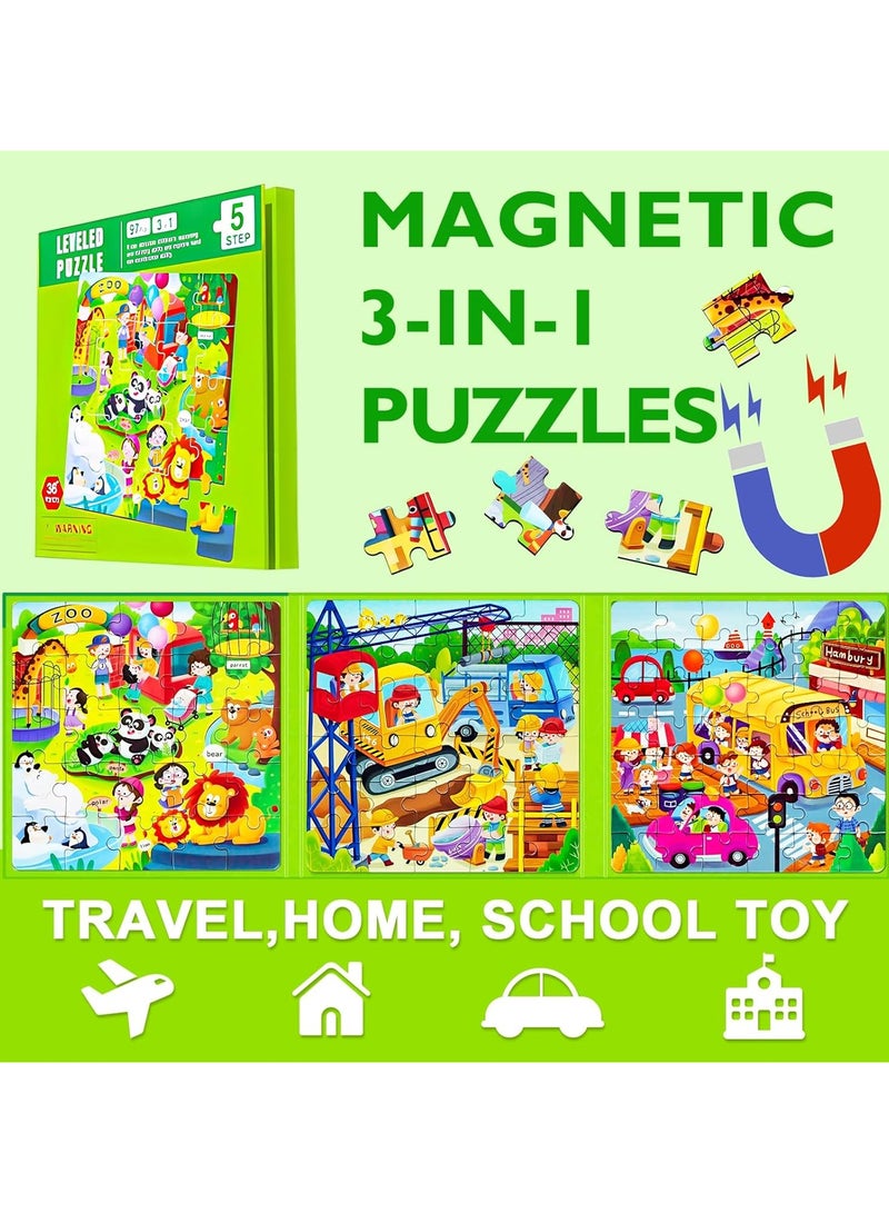 Magnetic Puzzles for Kids Ages 4-8, 3 in 1 Cartoon Jigsaw Puzzle Book, Kids Travel Puzzles Toys, Preschool Learning Toy for Kids 3-8 Year (Green Zoo) - Image 3
