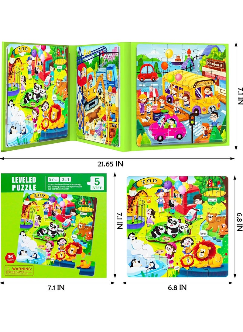 Magnetic Puzzles for Kids Ages 4-8, 3 in 1 Cartoon Jigsaw Puzzle Book, Kids Travel Puzzles Toys, Preschool Learning Toy for Kids 3-8 Year (Green Zoo) - Image 4