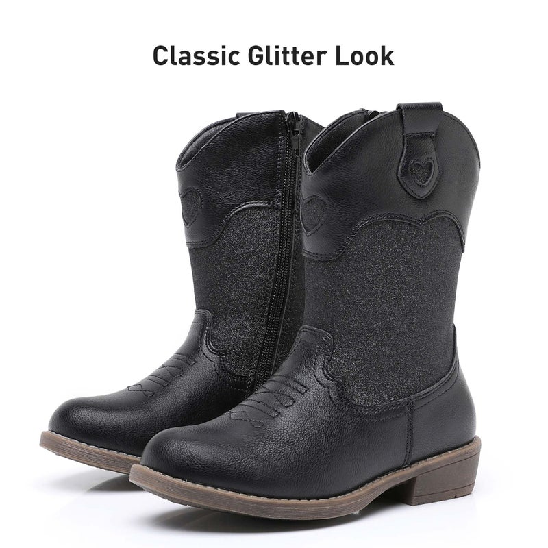 Ahannie Girls Glitter Cowboy Boots â€“ Sparkly Western Cowgirl Boots with Side Zipper (Toddler/Little Kid/Big Kid)(Black/Glitter-3 Little Kid) - Image 4