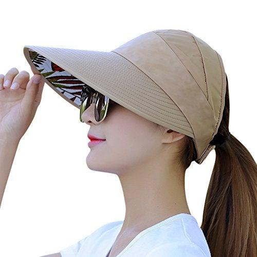 HINDAWI Sun Hats for Women Wide Brim UV Protection Summer Beach Visor Cap Khaki - Image 1